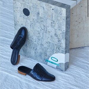 Atelier Delphine Black Woven Leather Slides | Size 38